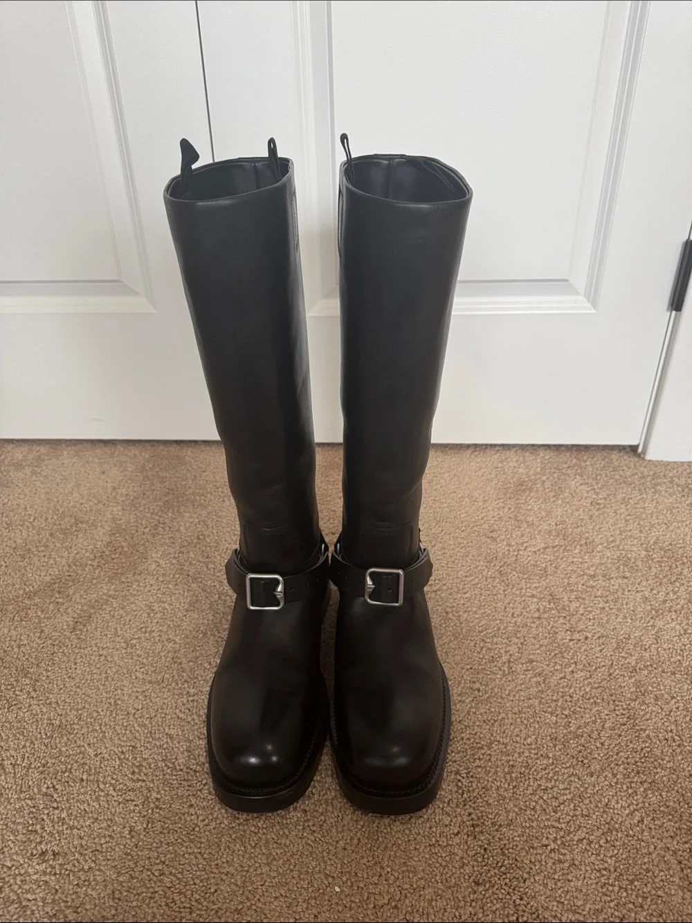 Burberry Black Leather Knee High Buckle Boots